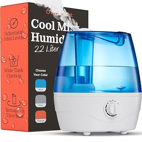 peach street Cool Mist Humidifiers for Bedroom - 2.2L Water Tank, Baby, Office, Quiet Ultrasonic Air Vaporizer, Adjustable Mist Level, 360 No