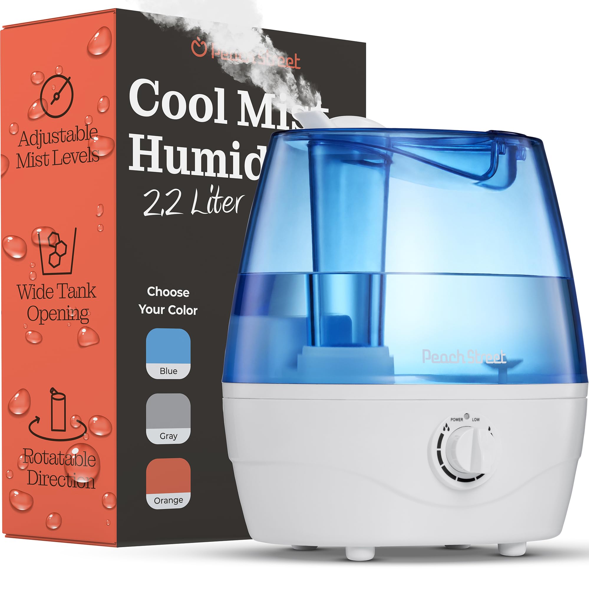 peach street Cool Mist Humidifiers for Bedroom - 2.2L Water Tank, Baby, Office, Quiet Ultrasonic Air Vaporizer, Adjustable Mist Level, 360 No