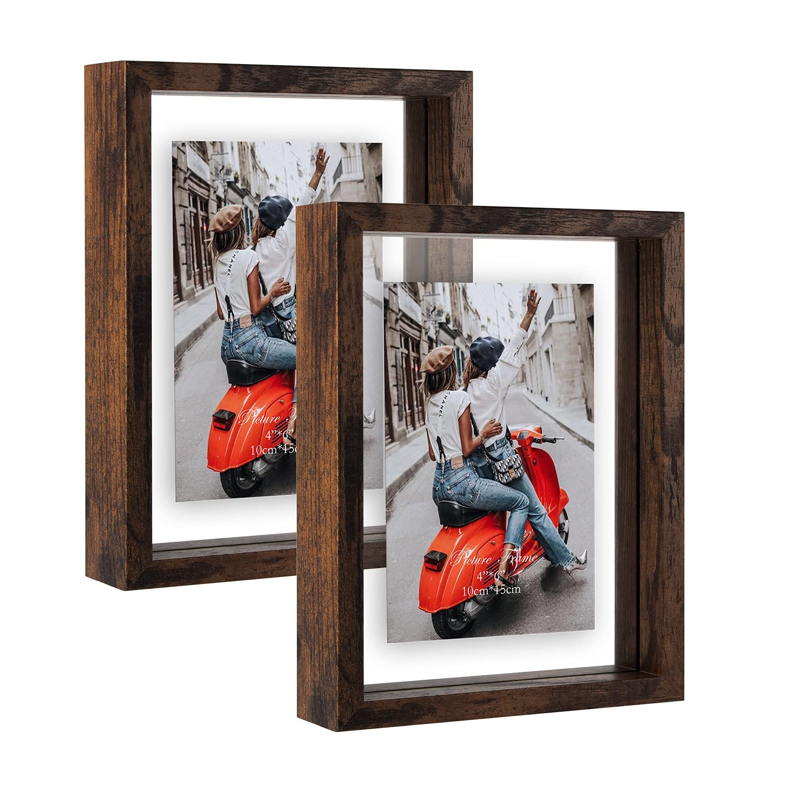 WIFTREY 2 Pack 4x6 Floating Picture Frames, Double Glass Rustic Photo Frame for Wall Hanging or Tabletop Standing, Displays Phot