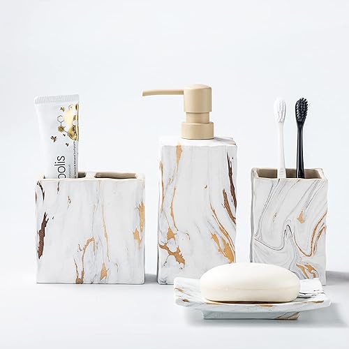 RQYIXI Ceramic Bathroom Accessory Set Complete 4 Pieces Retro Style Soap Dispenser & Toothbrush Holder Sets (Marble Gold)