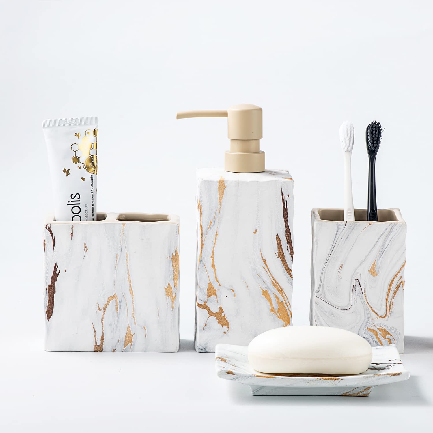 RQYIXI Ceramic Bathroom Accessory Set Complete 4 Pieces Retro Style Soap Dispenser & Toothbrush Holder Sets (Marble Gold)