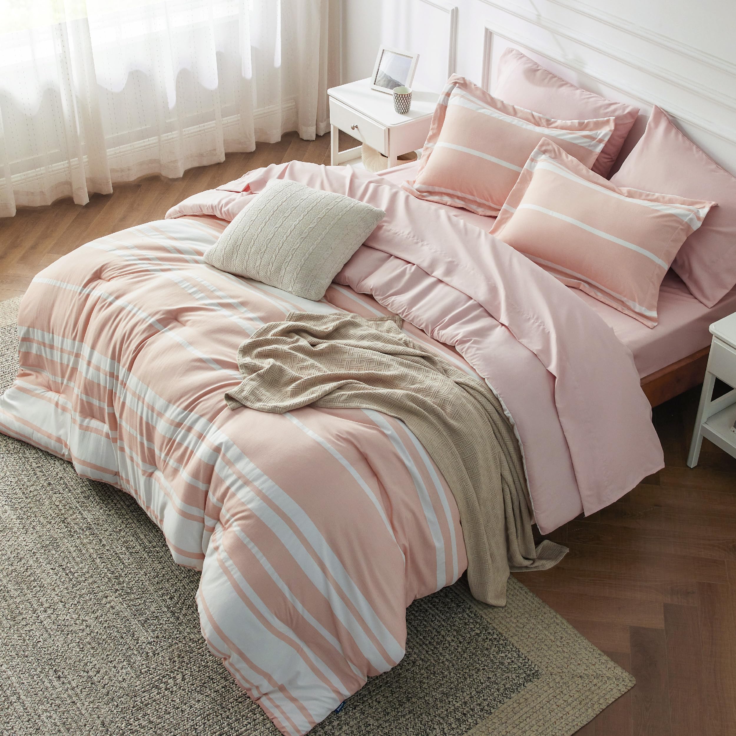 Bedsure Light Pink Comforter Set Queen 7 Pieces, Light Pink White