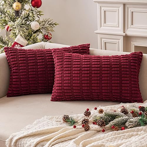 MIULEE Pack of 2 Christmas Burgundy Christmas Decorative Throw Pillow Covers 12x20 Inch Soft Boho Striped Pillow Covers Modern F