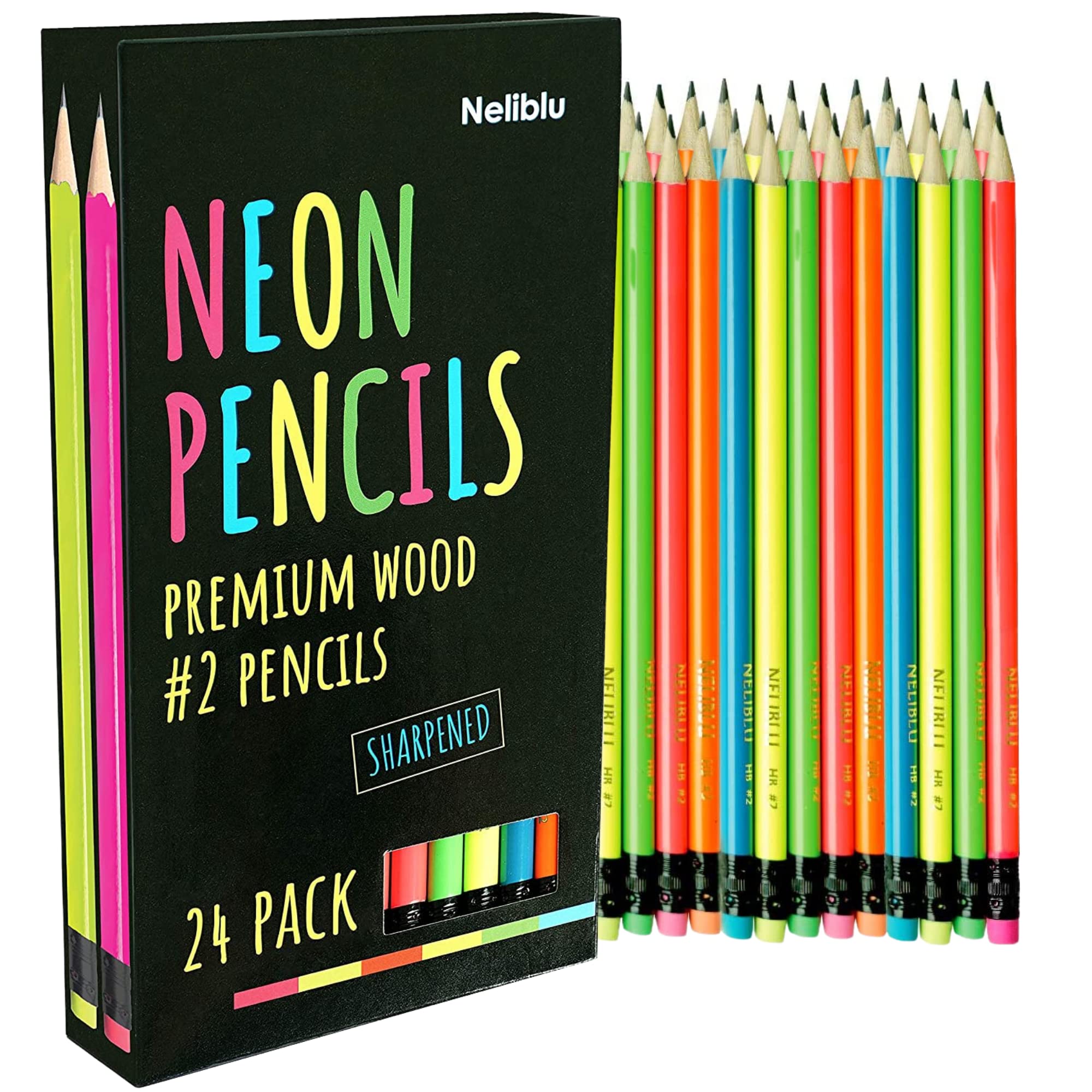 Neliblu NP48 Cool Bulk Neon Pencils - 48 Pack - #2 Pre-Sharpened Non-Toxic  Wood Pencils for Kids and Adults with Latex Free Erasers - Incredi