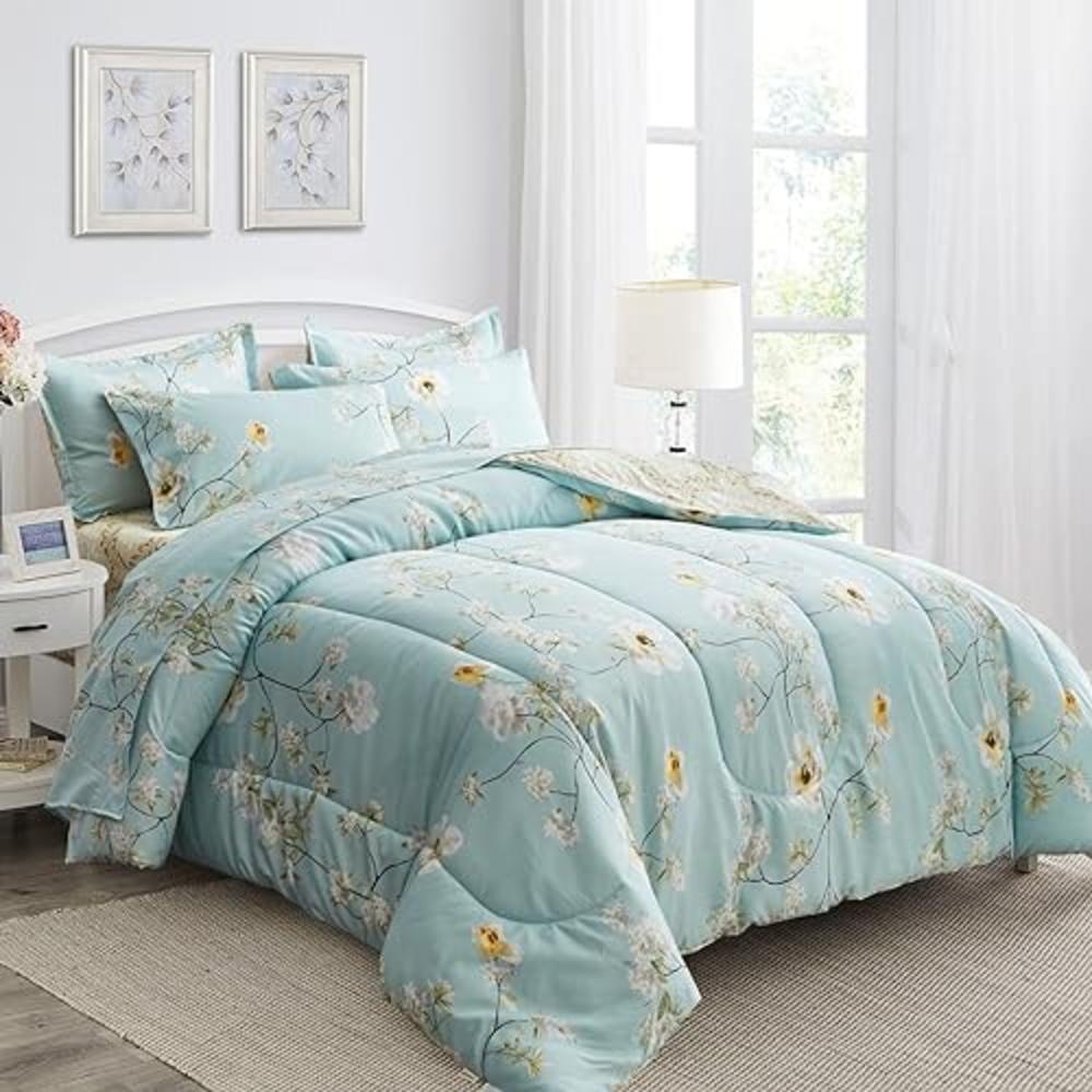 Joyreap 7 Piece Bed in a Bag Queen, Aqua Floral Elegant Design, Smooth Soft Microfiber Comforter Set (1 Comforter, 2 Pillow Sham