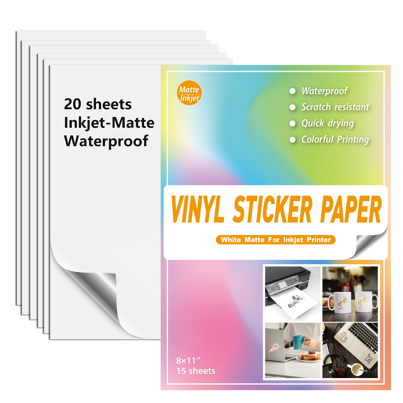 GPFMLDFV HCH Waterproof Printable Vinyl Stickers Paper for Inkjet Printer-  20 Matte White Decal Paper Cricut Sheets A4 - Holds Ink Beautifull