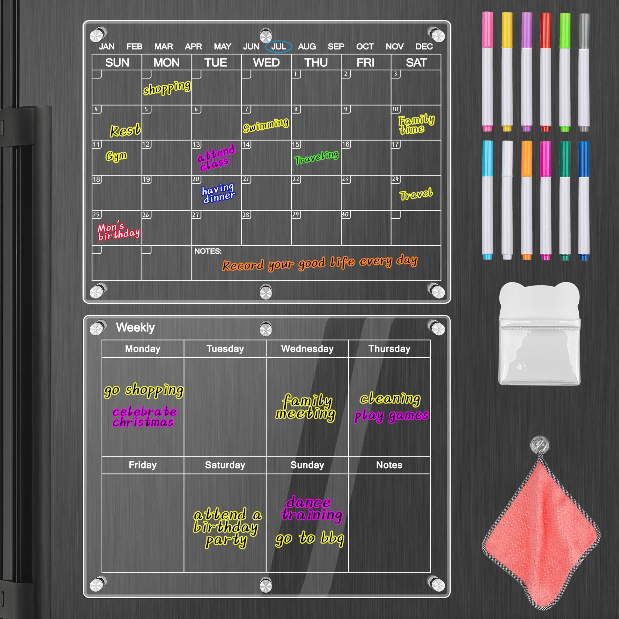 VOgHJA VOG-YK04 Acrylic Calendar for Fridge - 2 Set Magnetic Fridge Calendar  Weekly Board Includes 12 Markers 12 Colors,16x12 Magnetic Calenda