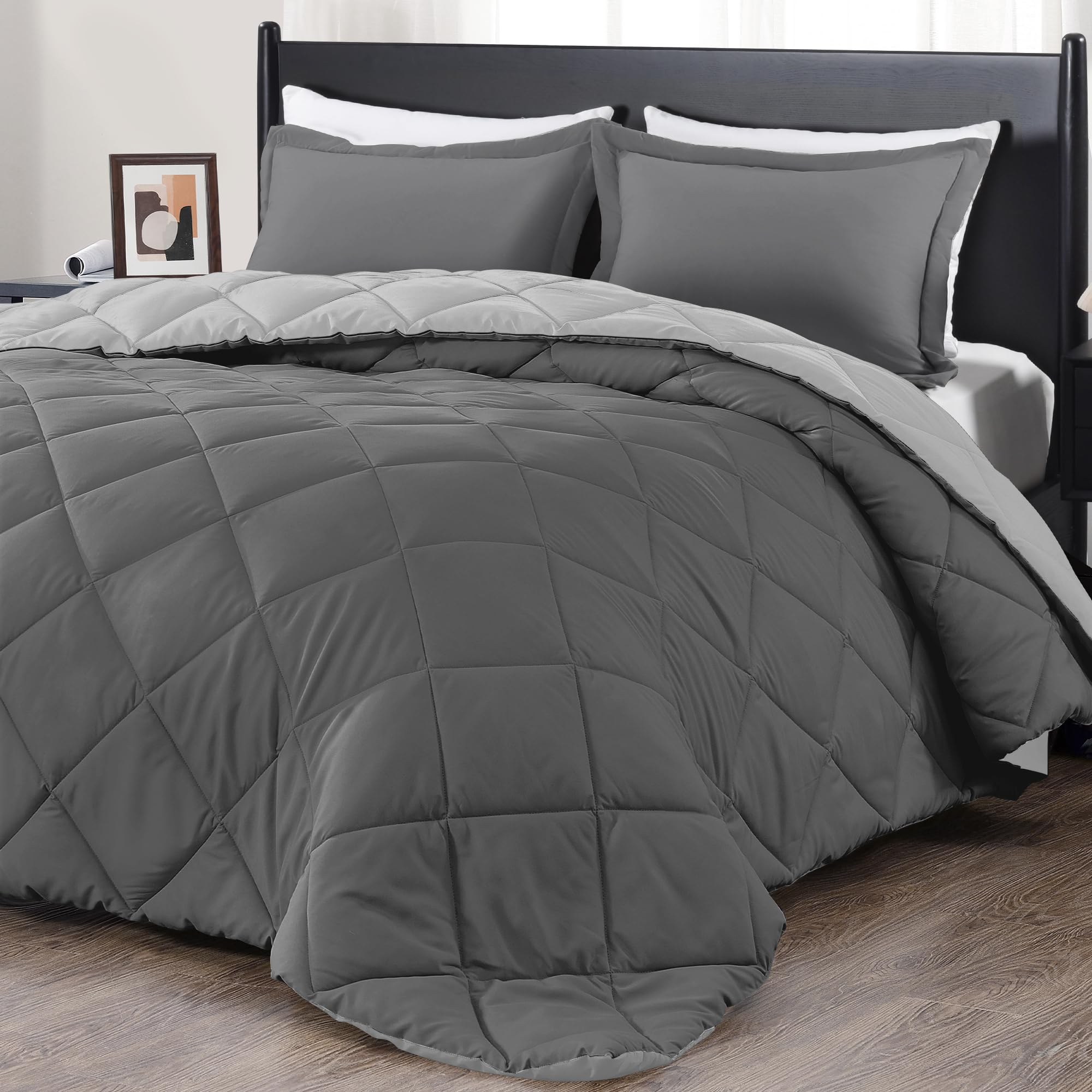 downluxe King Size Comforter Set - Charcoal and Grey King Comforter, Soft Bedding Comforter Sets for All Seasons, King Comforter