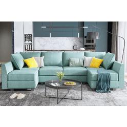 HONBAY Convertible Modular Sectional Sofa U Shaped Couch with Storage Seat Modular Sofa Couch with Wide Chaise, Aqua Blue