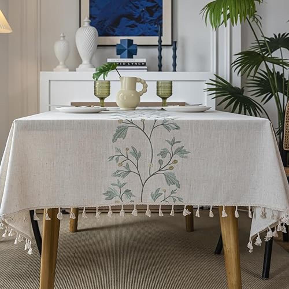 ColorBird Tablecloth Square 55x55 inch, Cotton Linen Waterproof Tablecloths Boho Table Cloth, Green Leaves Scratch Proof Table C