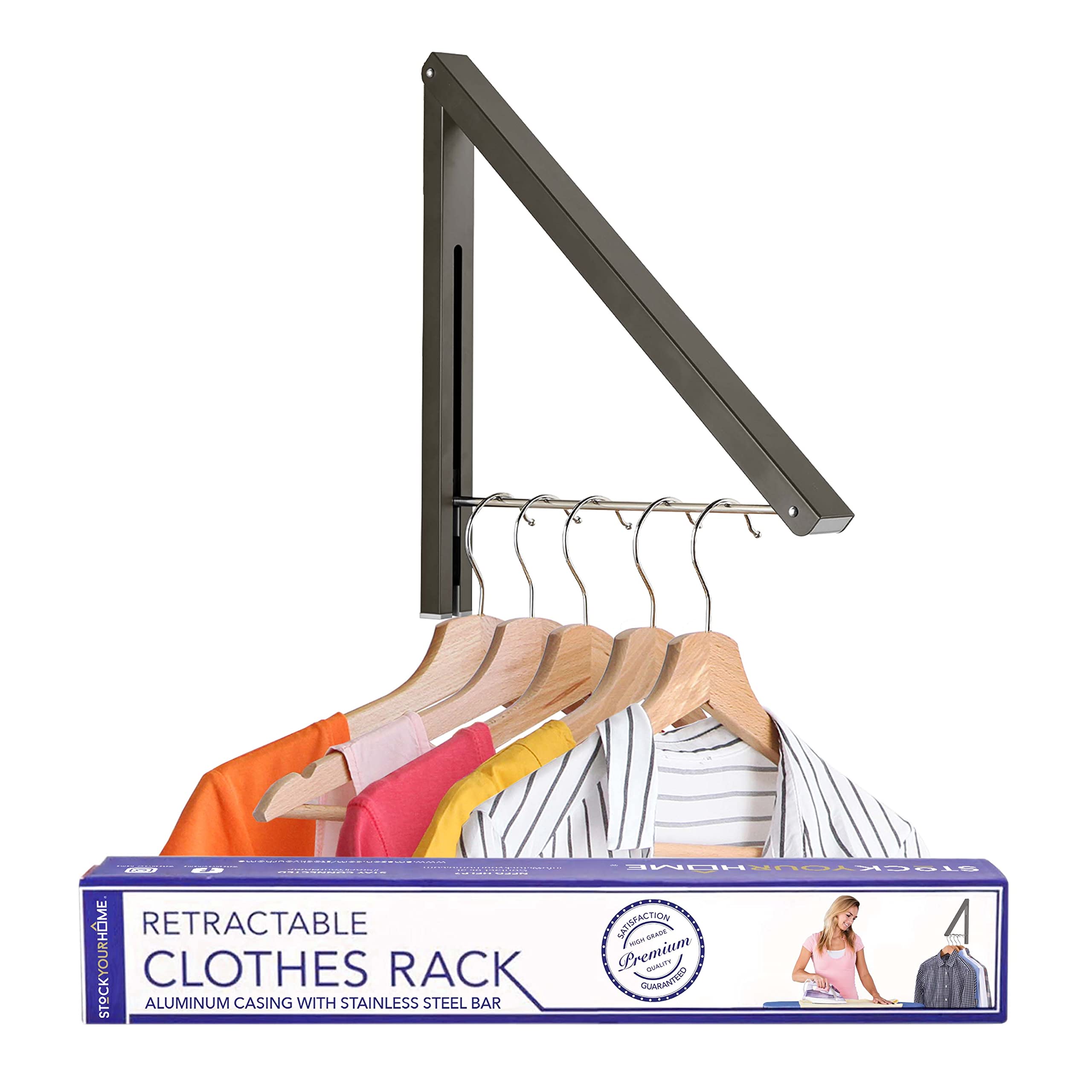 Stock Your Home Single Foldable Clothing Rack, Wall-Mounted Retractable Clothes Hanger for Laundry Dryer Room, Hanging Drying Rod, Small Collaps