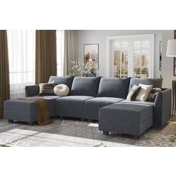 HONBAY Modern U-Shaped Modular Sectional Sofa Sleeper Couch with Reversible Chaise Modular Sofa Couch with Storage Seats, Bluish
