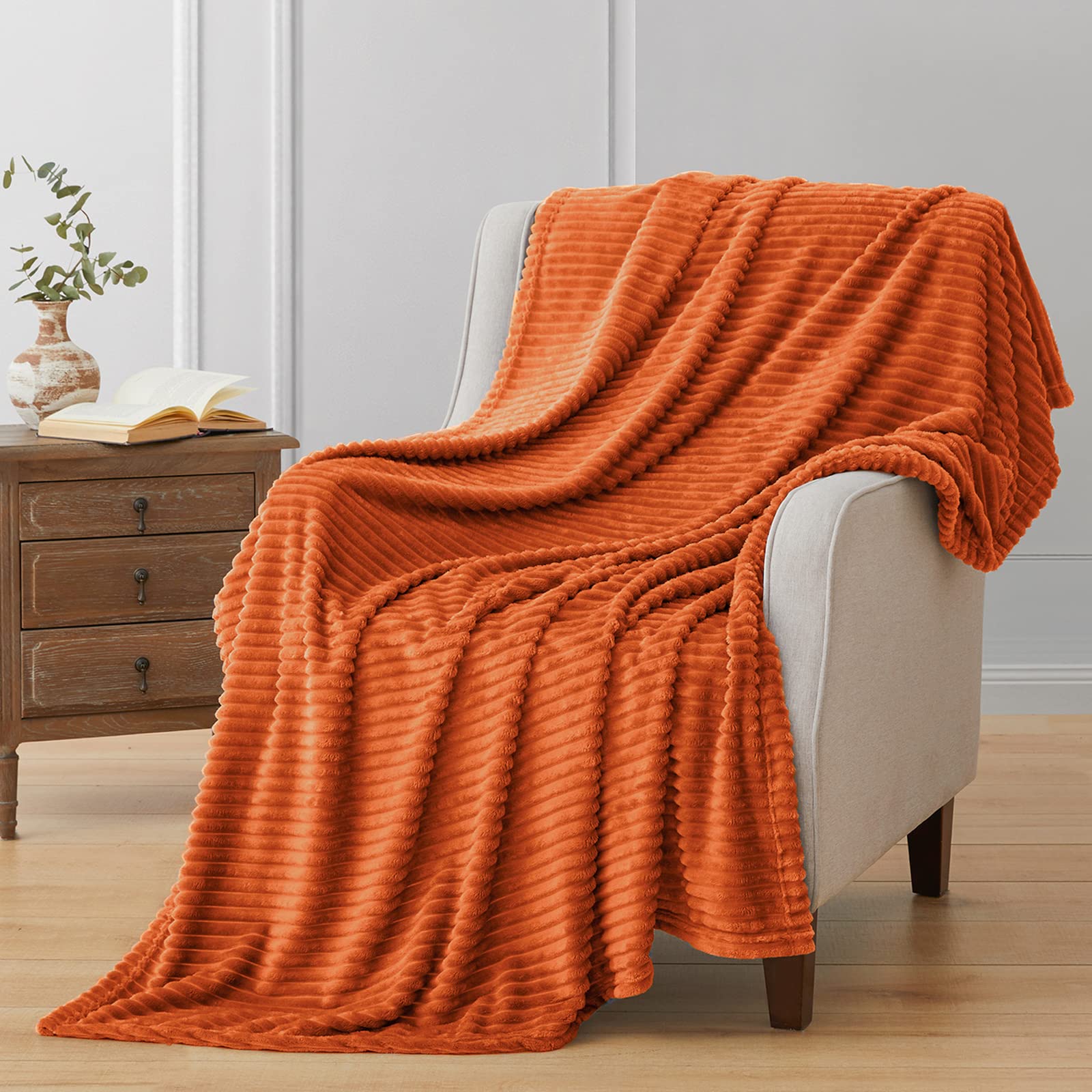 Vessia Flannel Fleece Orange Throw Blanket for Couch, Lightweight Striped Blanket Throw for Adults and Kids, Warm Cozy Soft Bed 