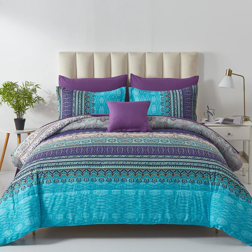 cottolester Boho Comforter Set King Size 8 Piece Bed in a Bag Bohemian Striped Bedding Quilt Set Aqua Paisley Floral Comforter and Sheet Set