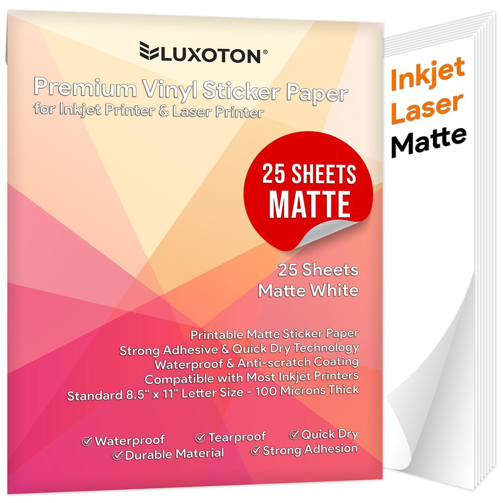 LUXOTON Printable Vinyl Sticker Paper for Inkjet Printer & Laser Printer - 25 Sheets Matte Waterproof Sticker Paper, Printable Sticker P