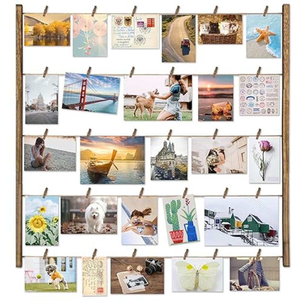 Love-KANKEI Wood Picture Photo Frame for Wall Decor 26×29 inch with 30 Clips and Adjustable Twines Collage Artworks Prints Multi