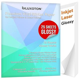 LUXOTON LUX-PVSP-25G Printable Vinyl Sticker Paper for Inkjet Printer &  Laser Printer - 25 Sheets Glossy Waterproof Sticker Paper, Printable Sticker