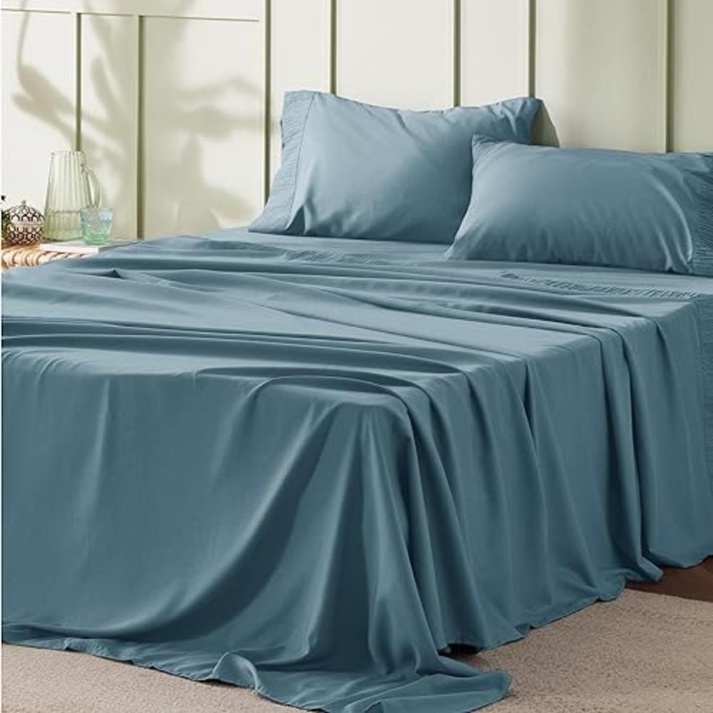 Bedsure Full Size Sheet Sets - Soft Sheets for Full Size Bed, 4 Pieces Hotel Luxury Mineral Blue Sheets Full, Easy Care Polyeste