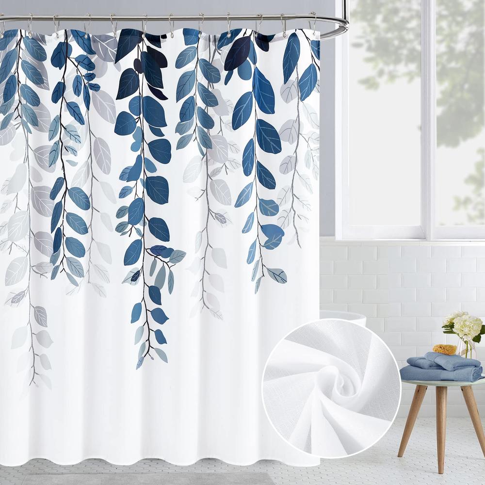 BOODII Blue Eucalyptus Shower Curtain for Bathroom Floral Watercolor Leaves on The Top Botanical Nature Fabric Bath Curtain Coun