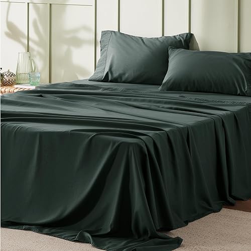 Bedsure California King Sheet Sets - Soft Sheets for California King Size Bed, 4 Pieces Hotel Luxury Forest Green Sheets Cal Kin