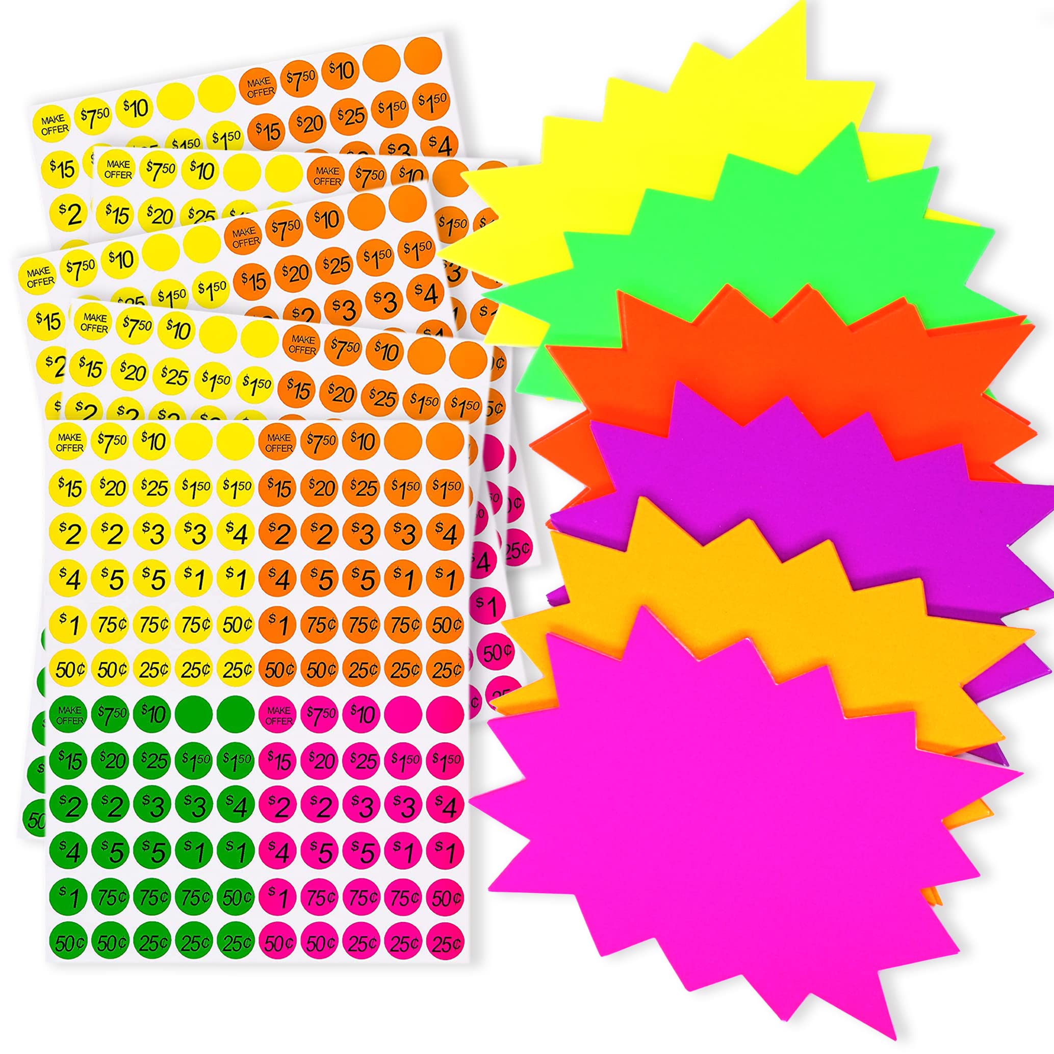 LinQuick 60 Pieces 5x6.6 Inch Fluorescent Neon Paper Starburst Sale Signs for Retail Store,600 Pieces Garage Sale Price Stickers, Garage 
