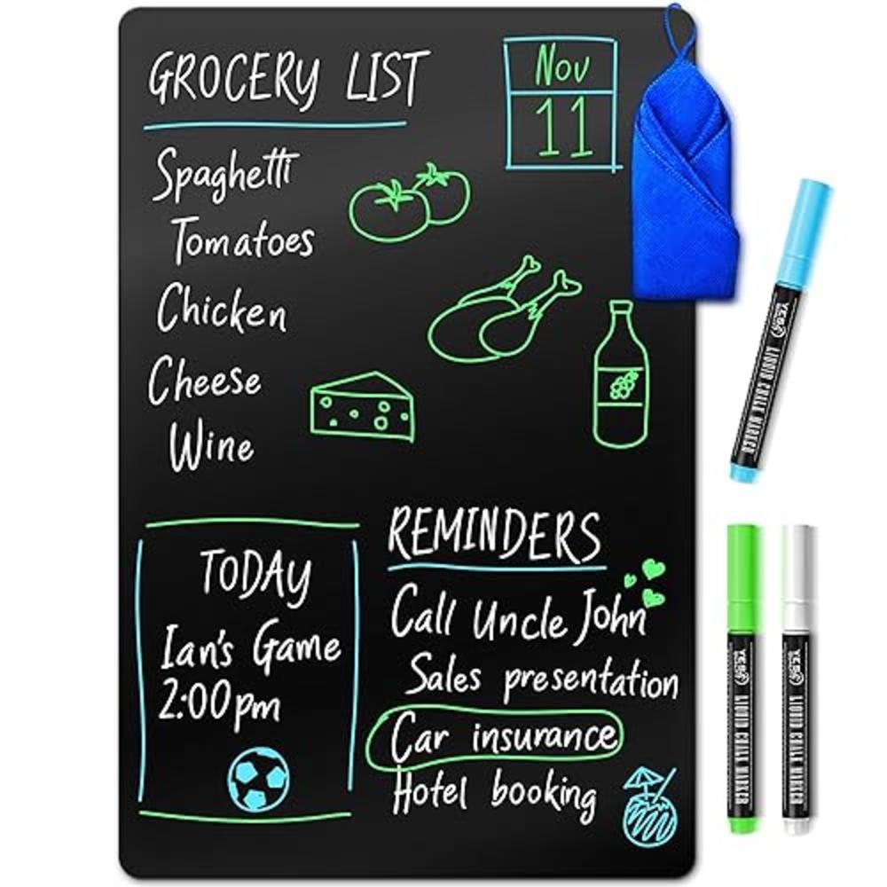 YES4QUALITY Magnetic Black Dry Erase Board for Fridge (17 x 11 inch), Stain-Resistant w/ 3 Magnetic, Fine-Tip Neon Chalk Markers & Eraser by
