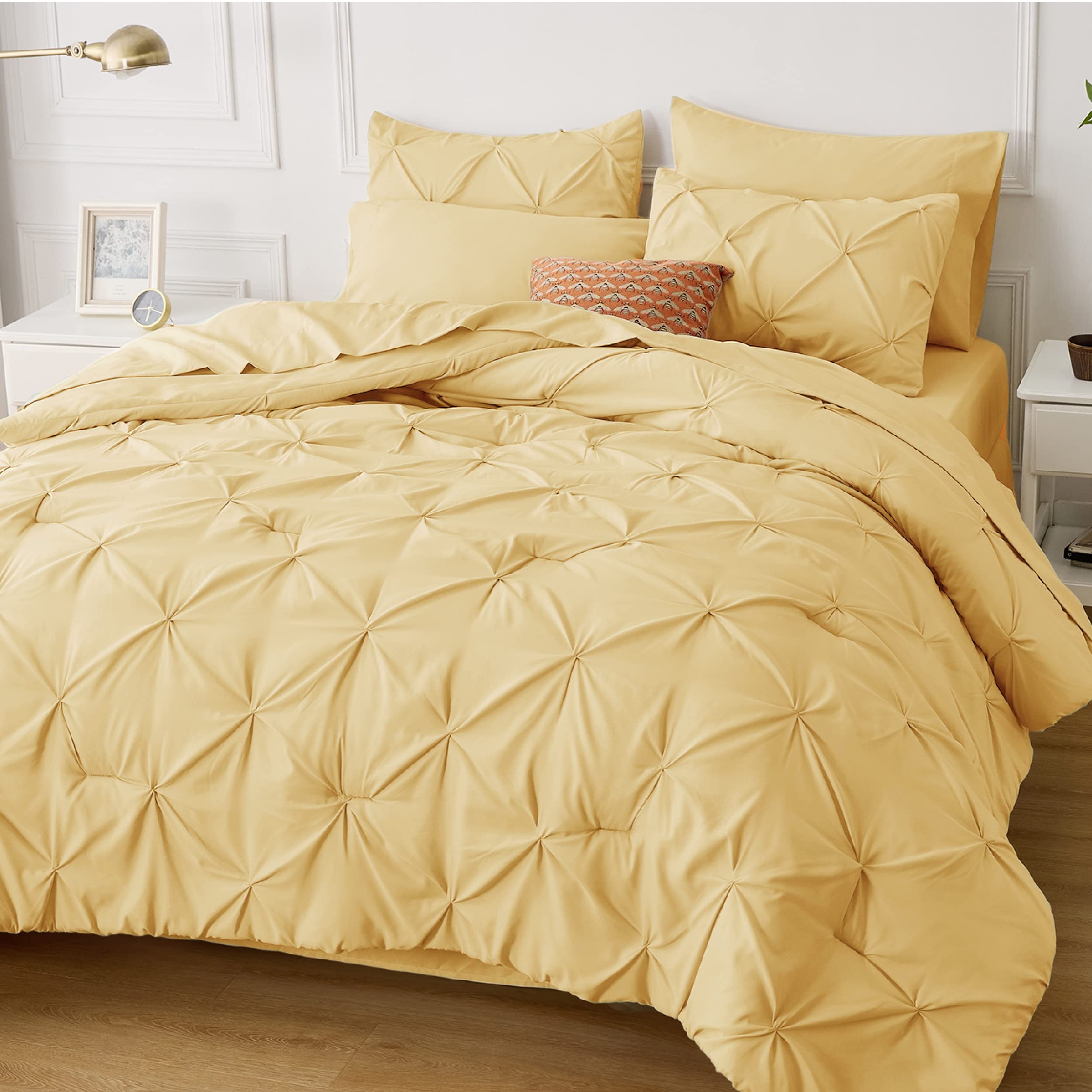 Bedsure Twin/Twin XL Comforter Set with Sheets - 5 Pieces Twin Bedding Sets, Pinch Pleat Yellow Twin Bed in a Bag with Comforter
