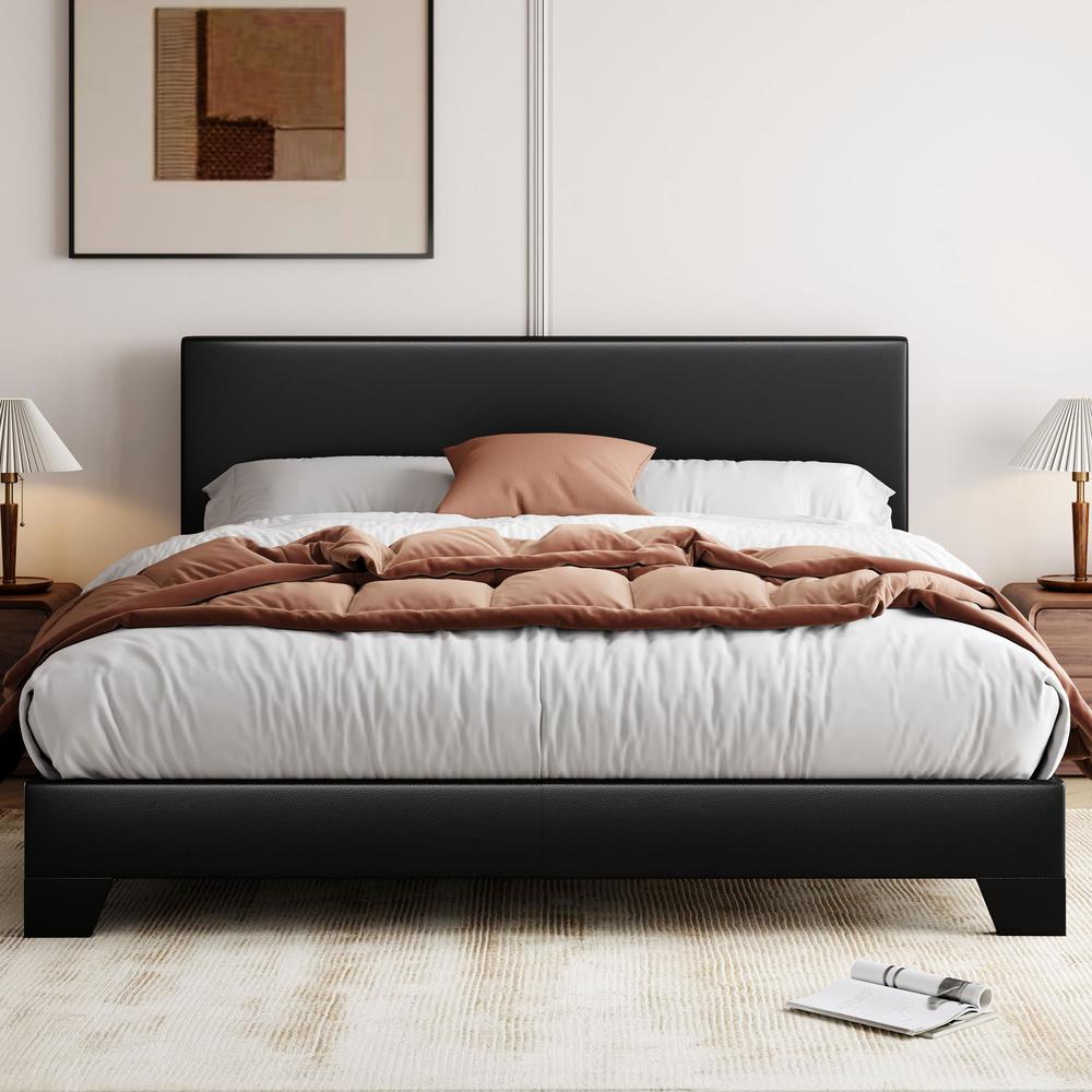 Allewie King Size Bed Frame with Adjustable Headboard, Faux Leather Platform Bed with Wood Slats, Heavy Duty Mattress Foundation