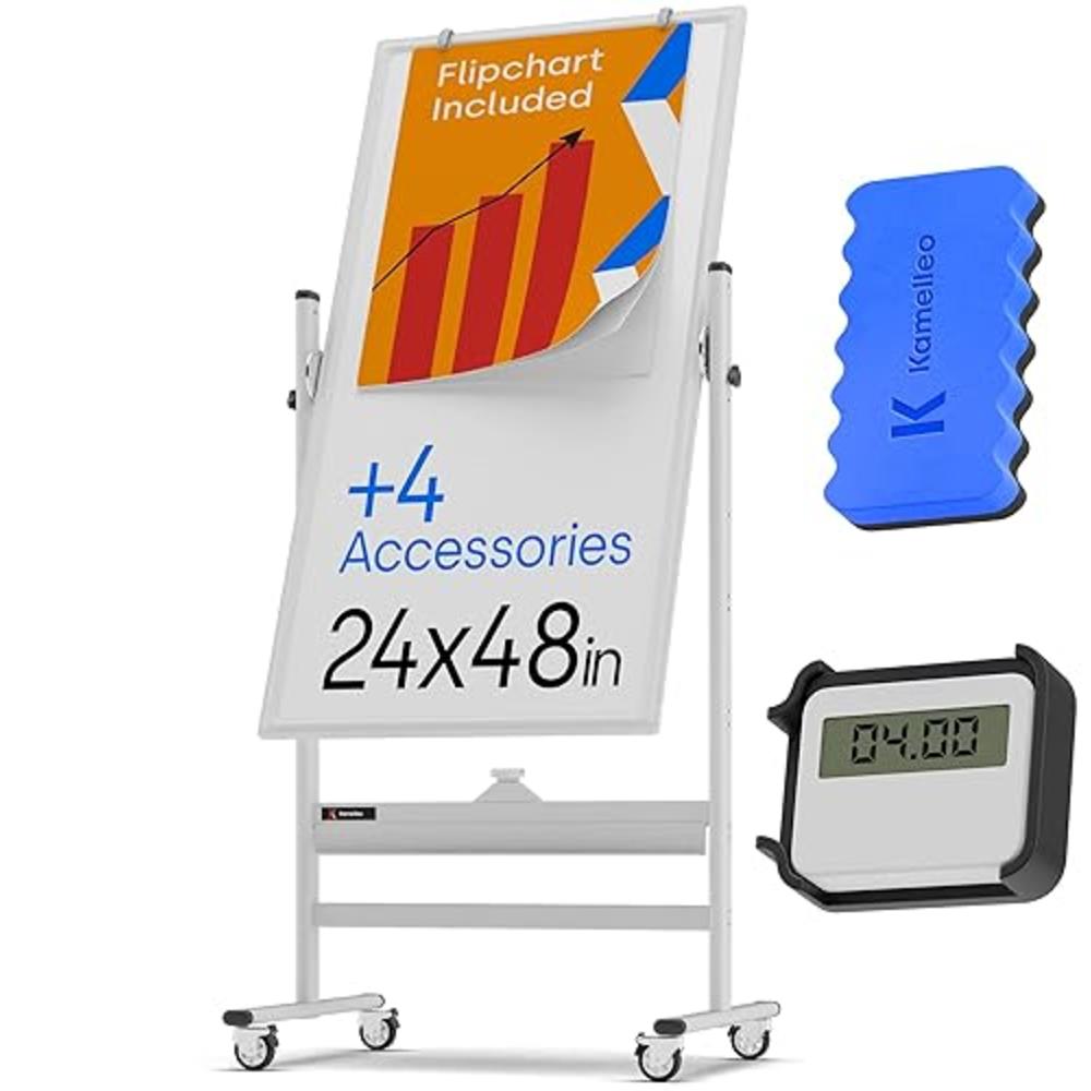 KAMELLEO Rolling Magnetic Whiteboard 70 x 36 - Large Portable Dry Erase Board with Stand - Double Sided Easel Style Whiteboard with Wheel