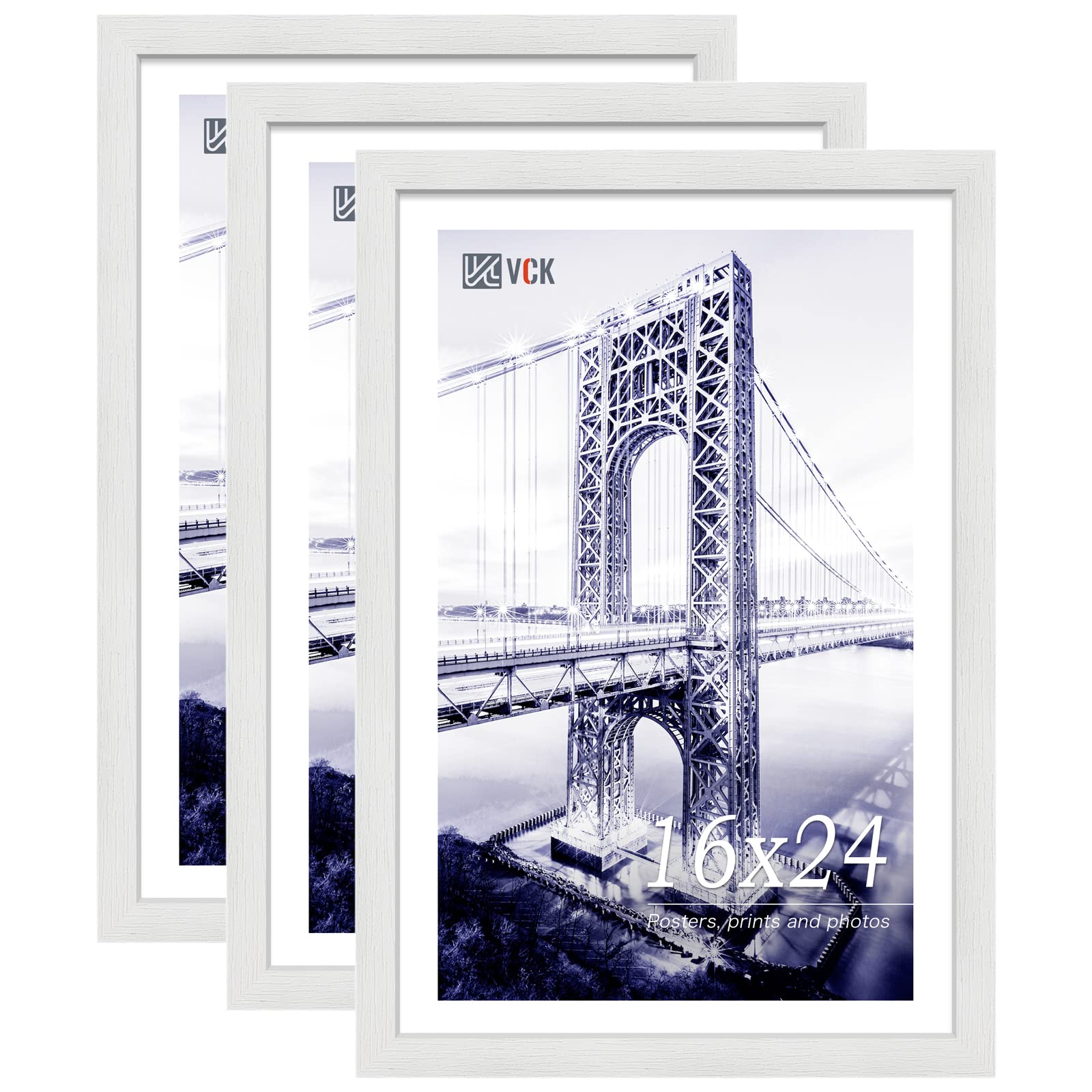 VCK 16x24 Poster Frames Set of 3, White Solid Wood Picture Frame, Textured  Exclusive Wall Gallery Frame