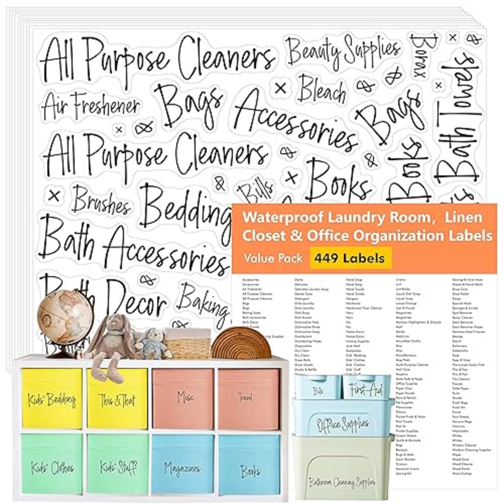 Hebayy 449 Cursive Laundry Room Labels, Include 413 Preprinted Bathroom, Linen Closet & Office Stationery Stickers and 36 Blank Ones, W