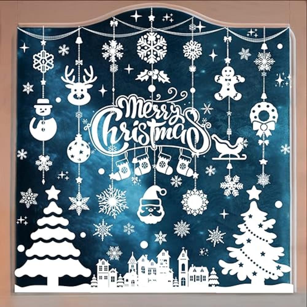 MISS FANTASY Christmas Window Clings Decorations, 10 Sheets Merry Christmas Scene Window Stickers for Glass Window Snowflakes De