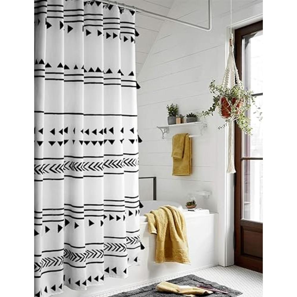 Uphome Extra Long Fabric Shower Curtain for Bathroom, Black and White Boho Shower Curtain Set Chic Triangle Geometric Tassel Clo