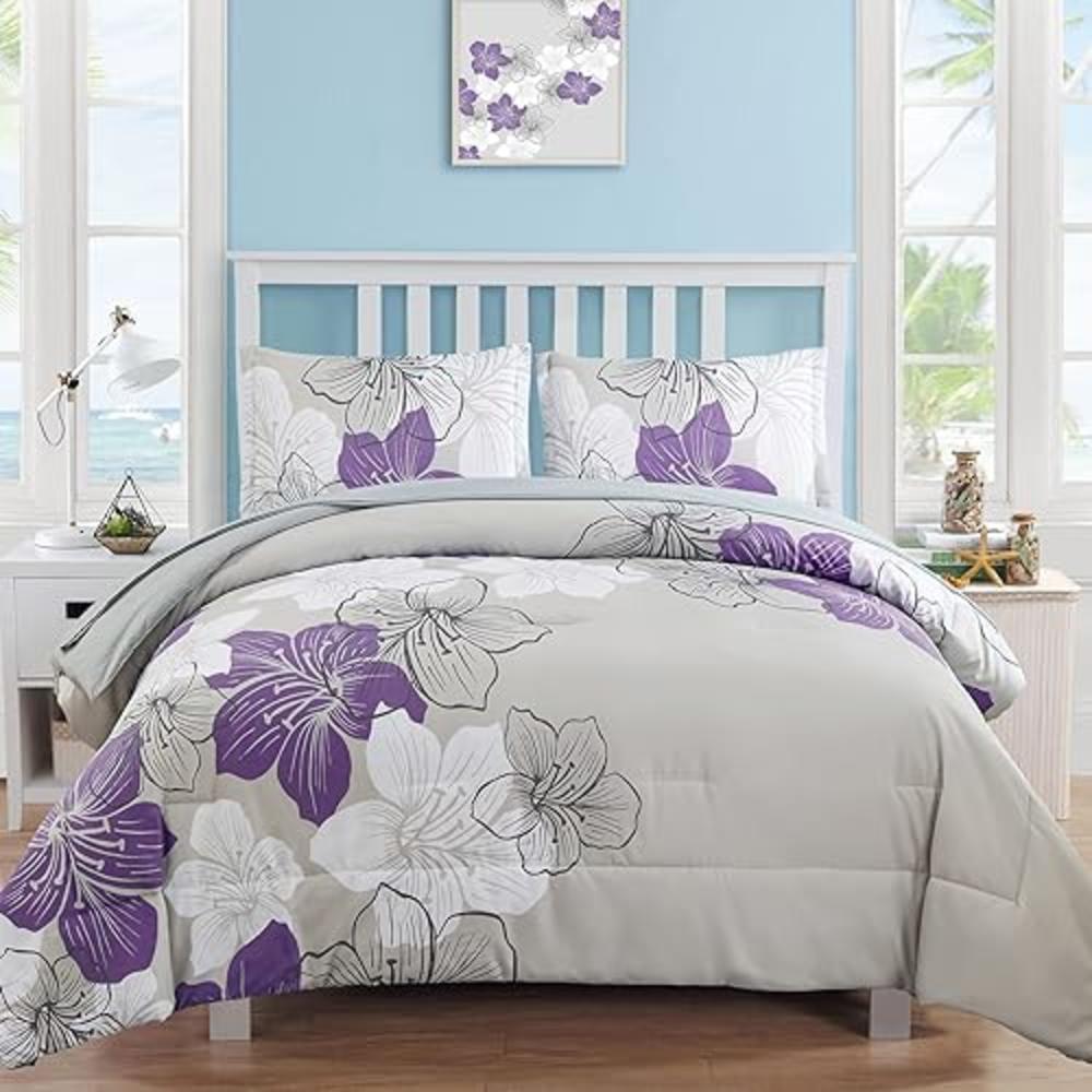 Luxudecor Purple Comforter Set King Size, Purple Floral Pattern Printed on Grey, Soft Microfiber 7 Pieces Bed in a Bag (1 Comfor