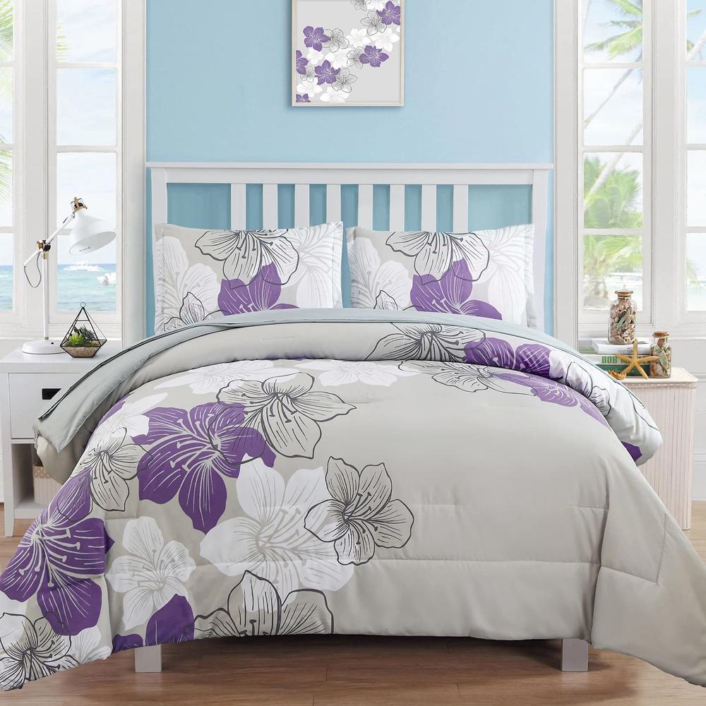 Luxudecor Purple Comforter Set King Size, Purple Floral Pattern Printed on Grey, Soft Microfiber 7 Pieces Bed in a Bag (1 Comfor