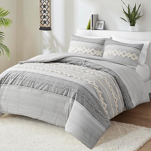 Hyde Lane Farmhouse Comforter Set Gray, Full/Queen Size Boho Bedding Sets, Cotton Top with Modern Neutral Style Clipped Jacquard
