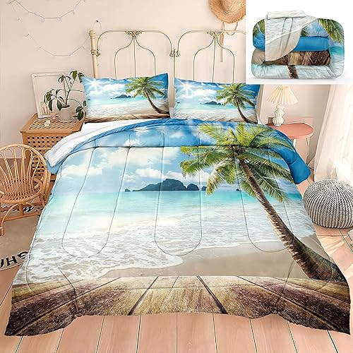 Bedbay Beach Comforter Set King Size Coastal Beach Bedding Comforter Tropical Palm Tree Sunny Beach Coastal Bedding Set 3 Pieces
