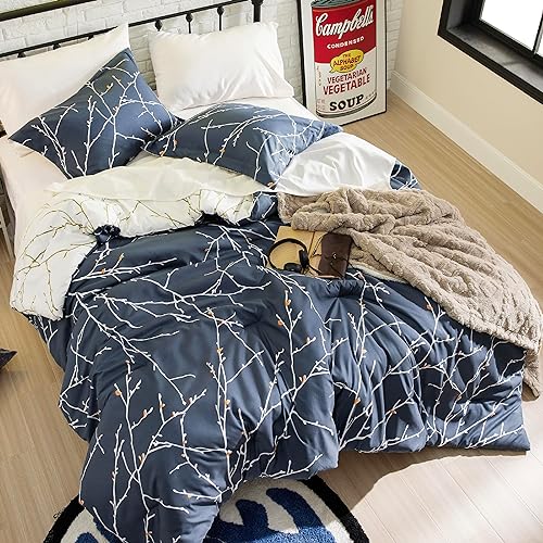 Bedsure Twin Comforter Set - Twin Bed Set 5 Pieces Reversible Navy Blue Tree Branch Pattern Printed with Comforter Twin Size, Sh