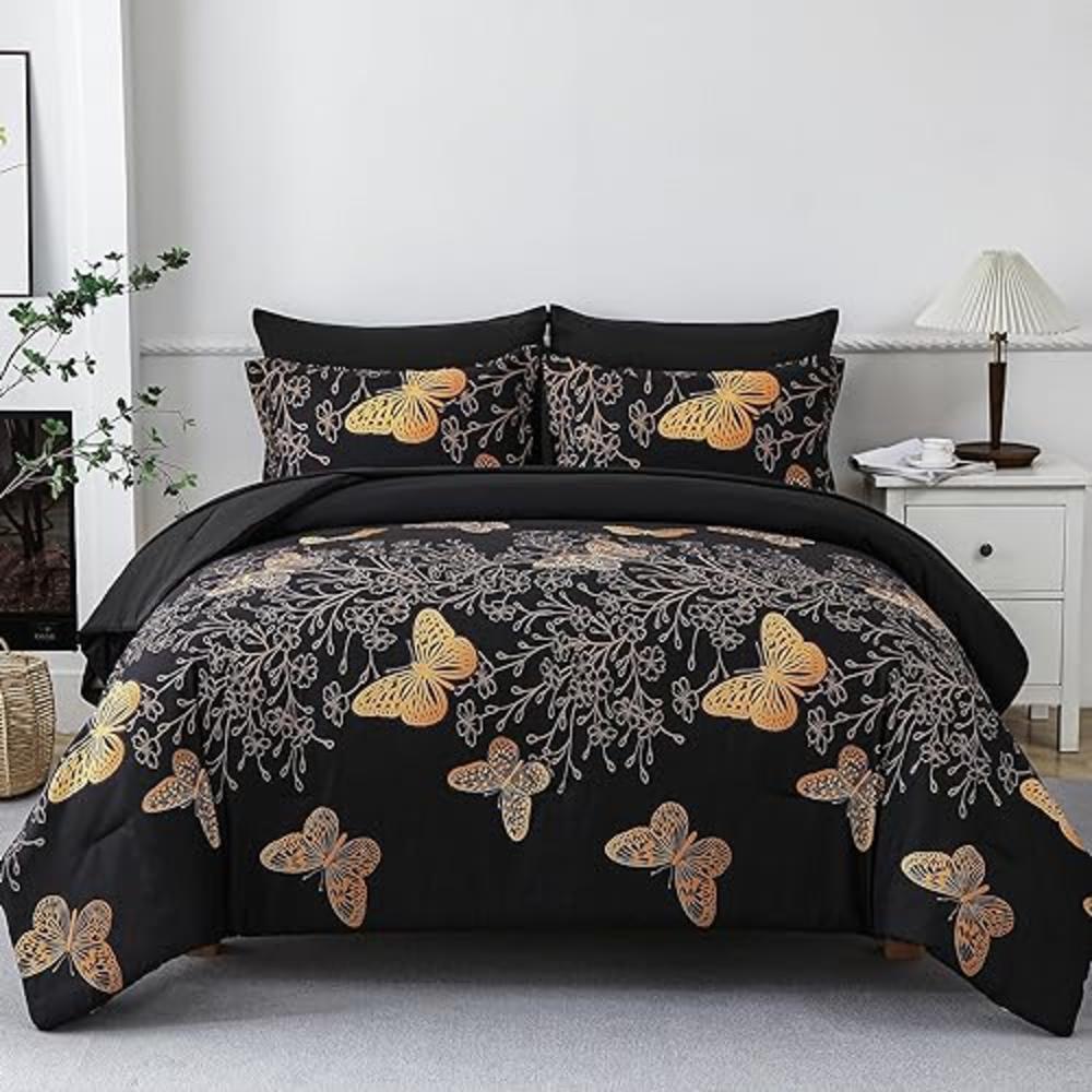 Yogeneg 7 Piece Bed in a Bag Queen Size Comforter Set Black Bedding Set,Gold Butterfly Leaves Printed on Black Reversible Design