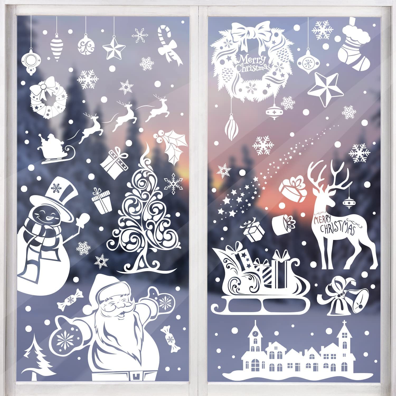 CCINEE Christmas Window Clings, 167pcs White Xmas Window Sticker 8 Sheets Snowflakes Santa Claus Reindeer Decals for Holiday Dec