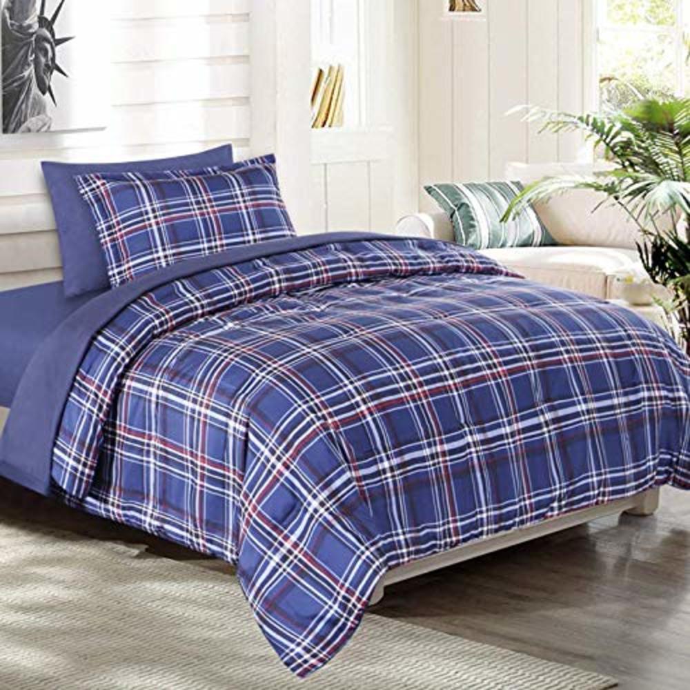 EMME Twin Comforter Set with Sheets 5-Piece, Blue Plaid Twin Bed in a Bag, Brushed Microfiber Down Alternative Bedding Set, Ultr