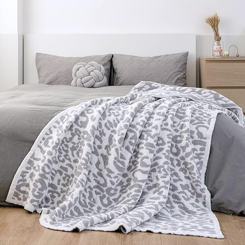 MH MYLUNE HOME Large Soft Micro Plush Leopard Blanket (71x78 inches, White Grey) Warm Reversible Cheetah Blanket Leopard Pattern