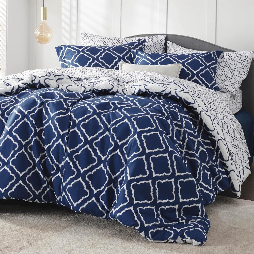 Bedsure King Comforter Set 7 Pieces - Navy Blue Quatrefoil Comforters King Size, Lightweight Bedding Sets for All Season, Bed in