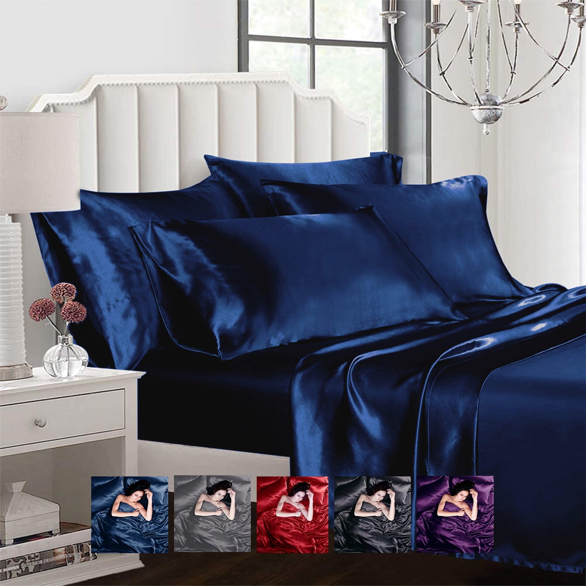 AL AHMEDANI LINEN Ahmedani Linen Sexy Satin Sheet 6 Pcs Queen Bedding Set 1 Duvet Cover + 1 Fitted Sheet + 4 Pillow Cases Navy Queen