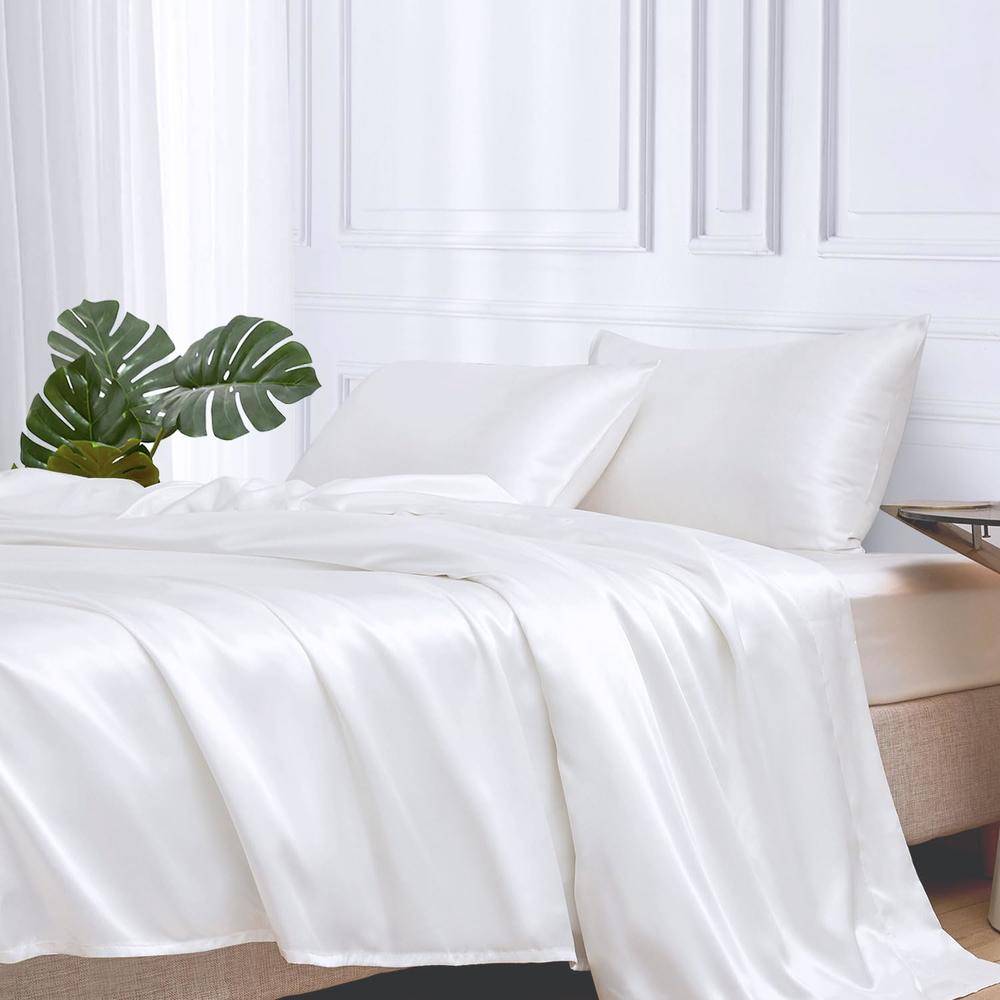 MR&amp;HM MR&HM Satin Bed Sheets, Full Size Sheets Set, 4 Pcs Silky Bedding Set with 15 Inches Deep Pocket for Mattress (Full, White)