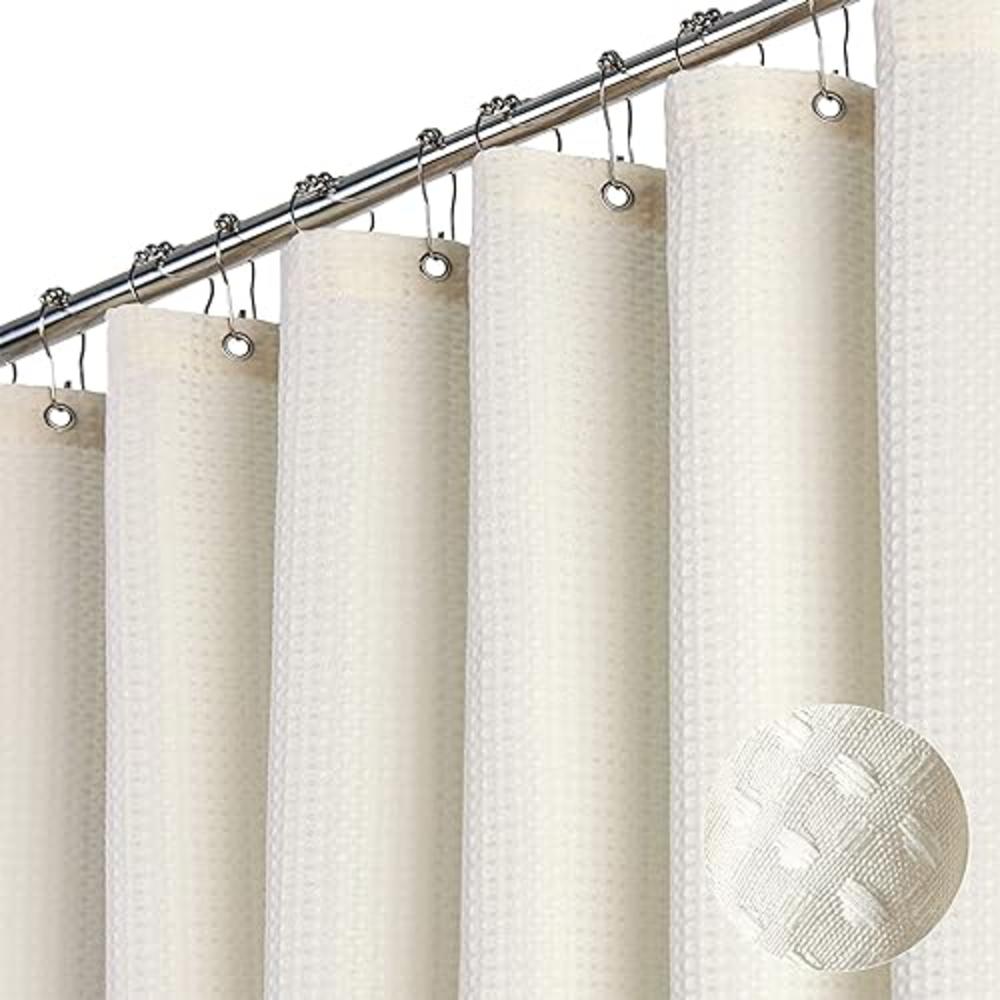 Dynamene Ivory Fabric Shower Curtain - Waffle Textured Heavy Duty Cloth Curtains for Bathroom, 256GSM Hotel Luxury Weighted Poly