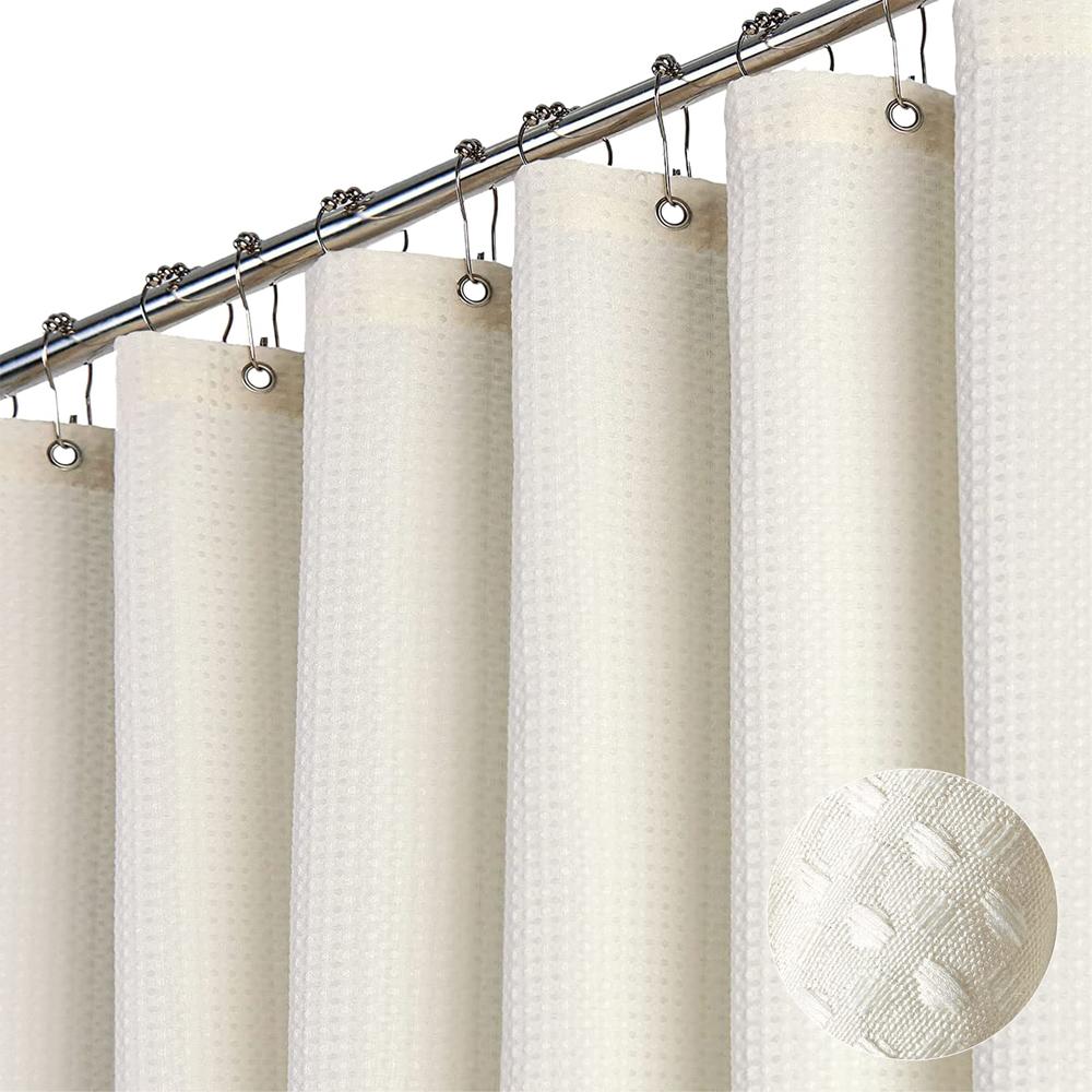 Dynamene Ivory Fabric Shower Curtain - Waffle Textured Heavy Duty Cloth Curtains for Bathroom, 256GSM Hotel Luxury Weighted Poly