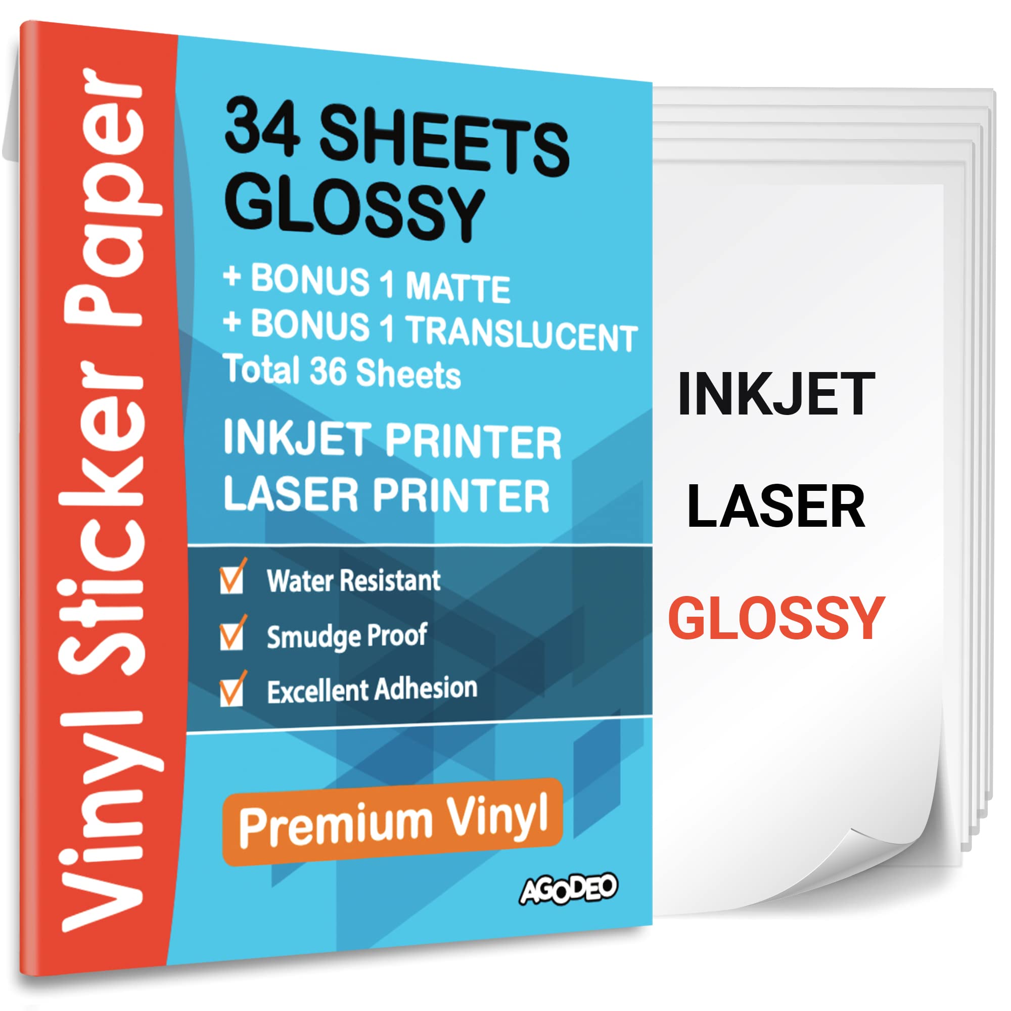 AgoDeo AG-GLOSS-34-DE Premium Printable Vinyl Sticker Paper for Inkjet &  Laser Printer - 34 Sheets Self-Adhesive Sheets Glossy White Waterproof,  Dries