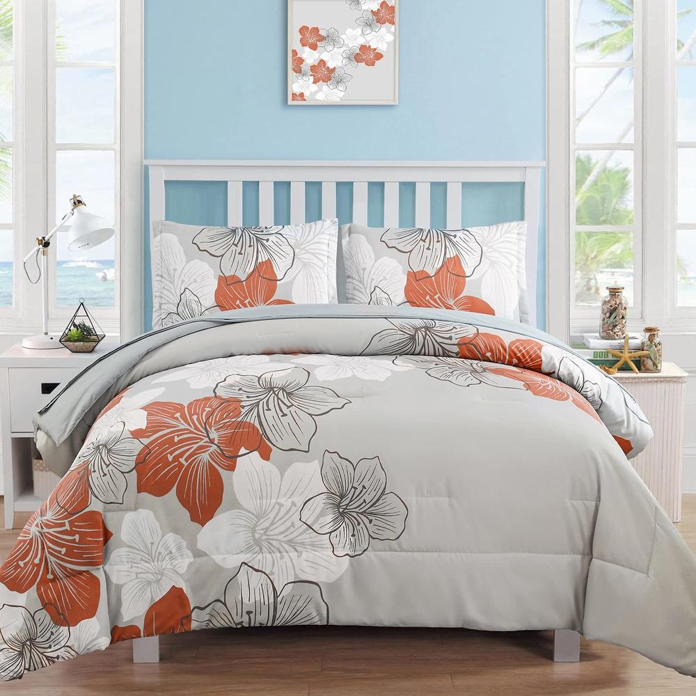 Luxudecor Floral Comforter Set King Size, Terracotta Floral Pattern Printed on Light Grey, Soft Microfiber 7 Pieces Bed in a Bag (1 Comfor