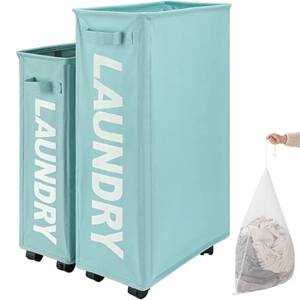 TOTANKI X-Large Slim Rolling Laundry Basket on Wheels (4 Colors), Foldable Laundry Hamper with Handle, Collapsible Laundry Sorte